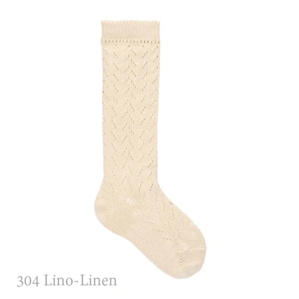 Warm Condor Cotton Crochet Knee-High Socks In Linen, Size 2